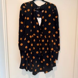 En Saison Black and Orange Polka Dot Long Sleeve Dress